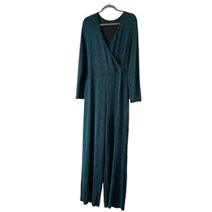 Women's XXL Black Teal Sparkle Long Sleeve Jumpsuit Ribbed Stretch Surplice Wrap